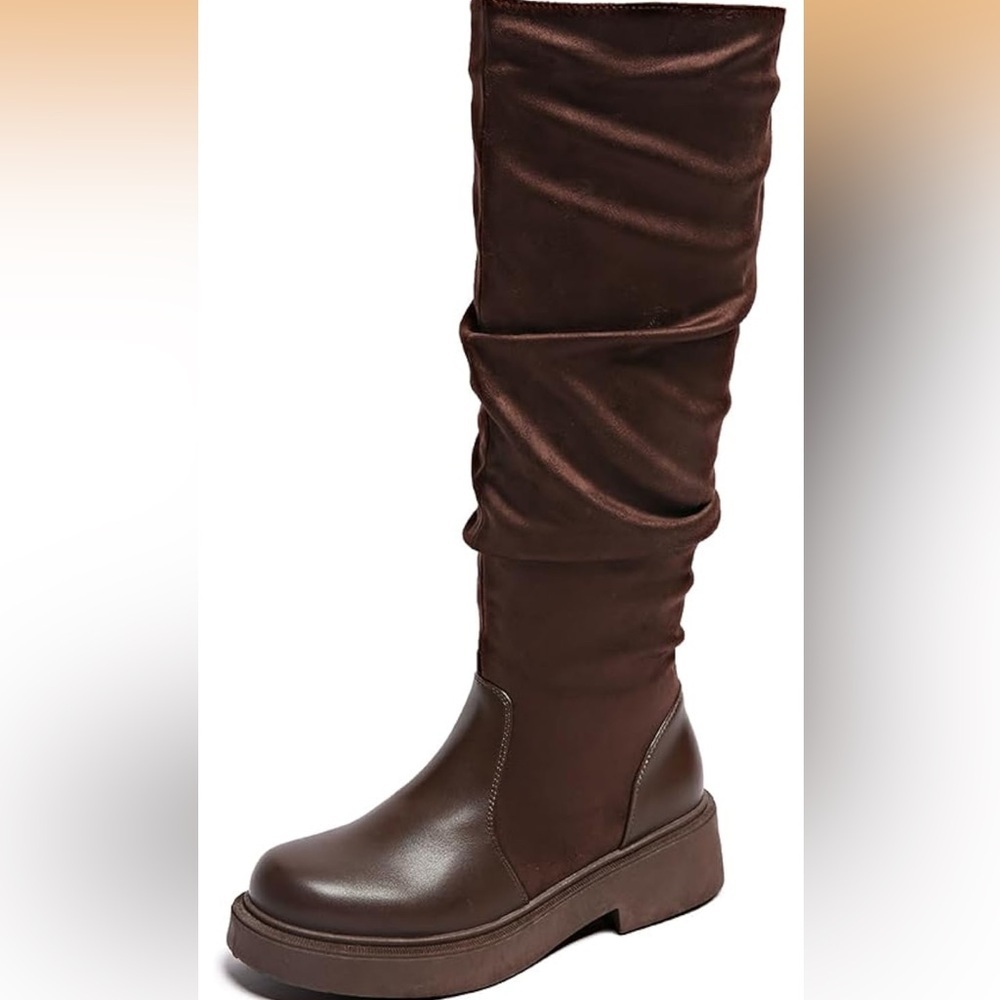 CARLKARIDA Chunky Heel Riding Boots With Side Zipper Brown Size 8/340